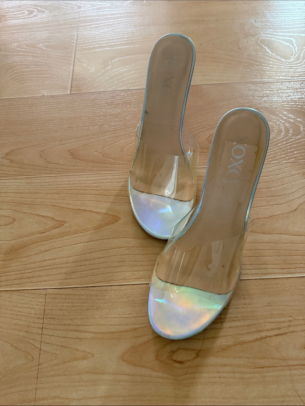 XOXO Iridescent Clear Strap Slide Heels - Clear/Iridescent